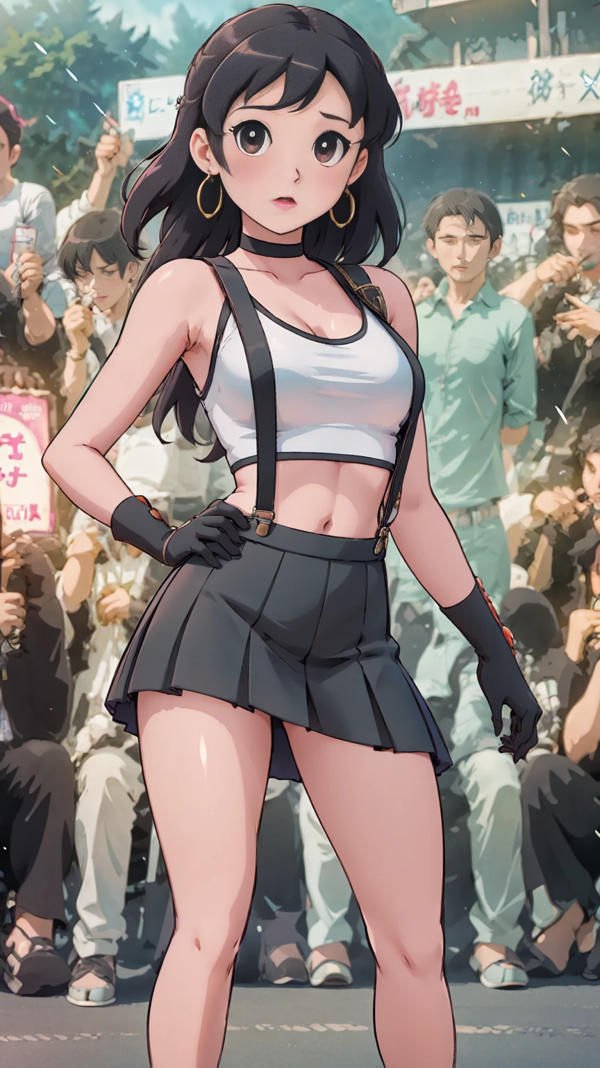 8k,masterpiece, bset quality,big, (1 girl), tifa lockhart, red_eyes, black hair, long hair, professional lighting, (shiny skin: 1.2), shiny big, ((best quality)), sharp focus: 1.2, highly detailed face and skin texture, detailed eyes, perfect face, perfect body, blur art, cg, background, Big with presence, 20yo, mature cool and beautiful face, wearing ((suspender black skirt), black elbow gloves, white taut shirt, thigh, white tank top), blush, (mittgal), random pose,