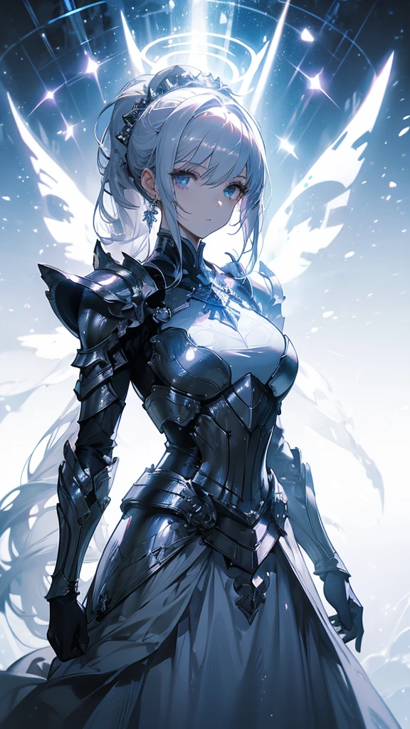 ((masterpiece, best quality)), Epic battlefield atmosphere，Delicate face，knight，Pure White Bride Armor，Halo，whole body，Standing picture，Perfect body proportions，Double ponytail hair，Beautiful silver eyes，Fantasy style，White background，transparent，Lace