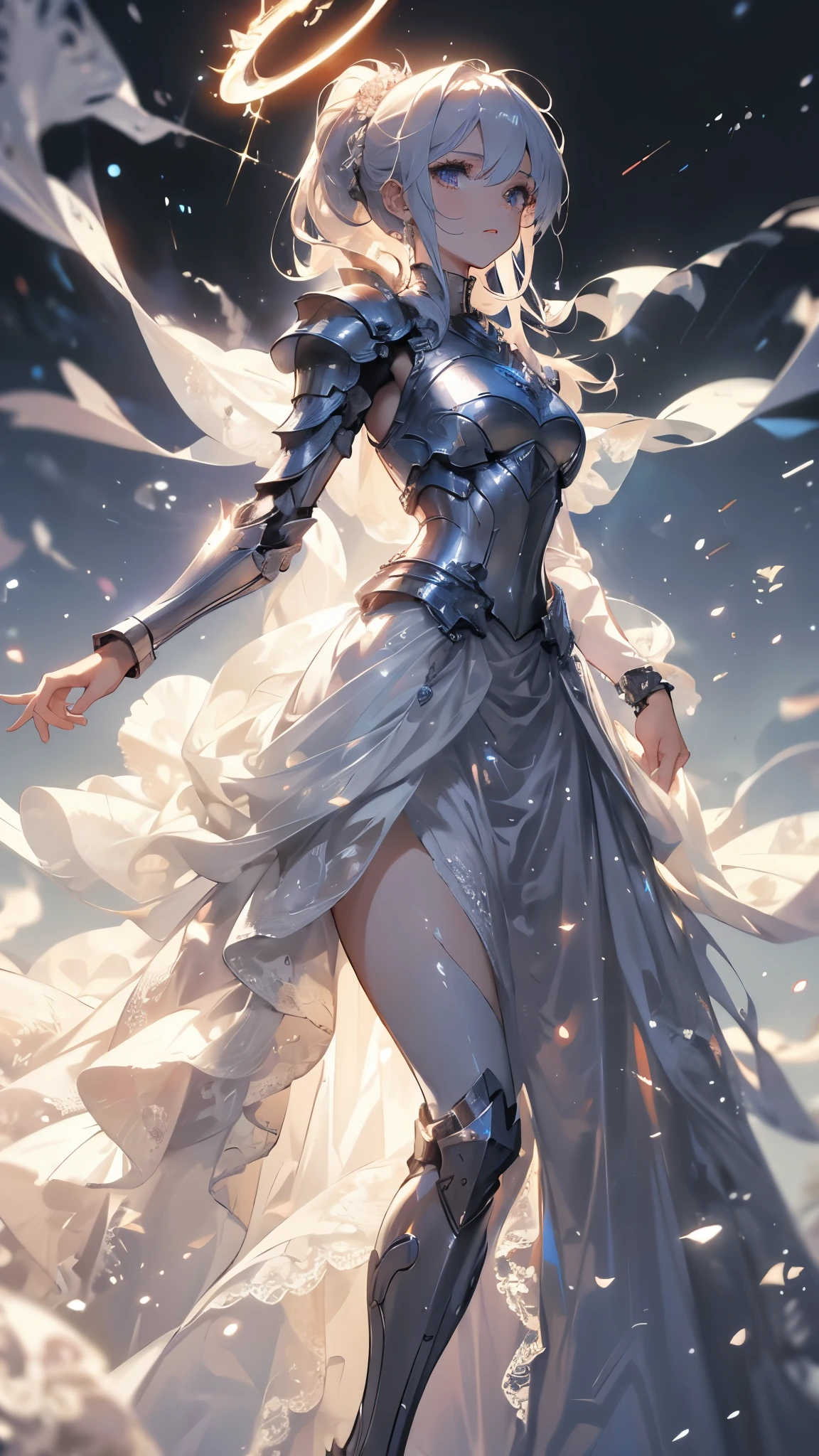 ((masterpiece, best quality)), Epic battlefield atmosphere，Delicate face，knight，Pure White Bride Armor，Halo，whole body，Standing picture，Perfect body proportions，Double ponytail hair，Beautiful silver eyes，Fantasy style，White background，transparent，Lace