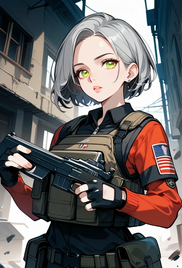 masterpiece, best quality, mature woman, short hair, (buzzcut hair), gray hair, sharp eyes, amber eyes, glossy lips, mature face, sharp expression, focused expression, operative clothing, bulletproof vest, tactical vest, fingerless gloves, holding pistol, abandoned building