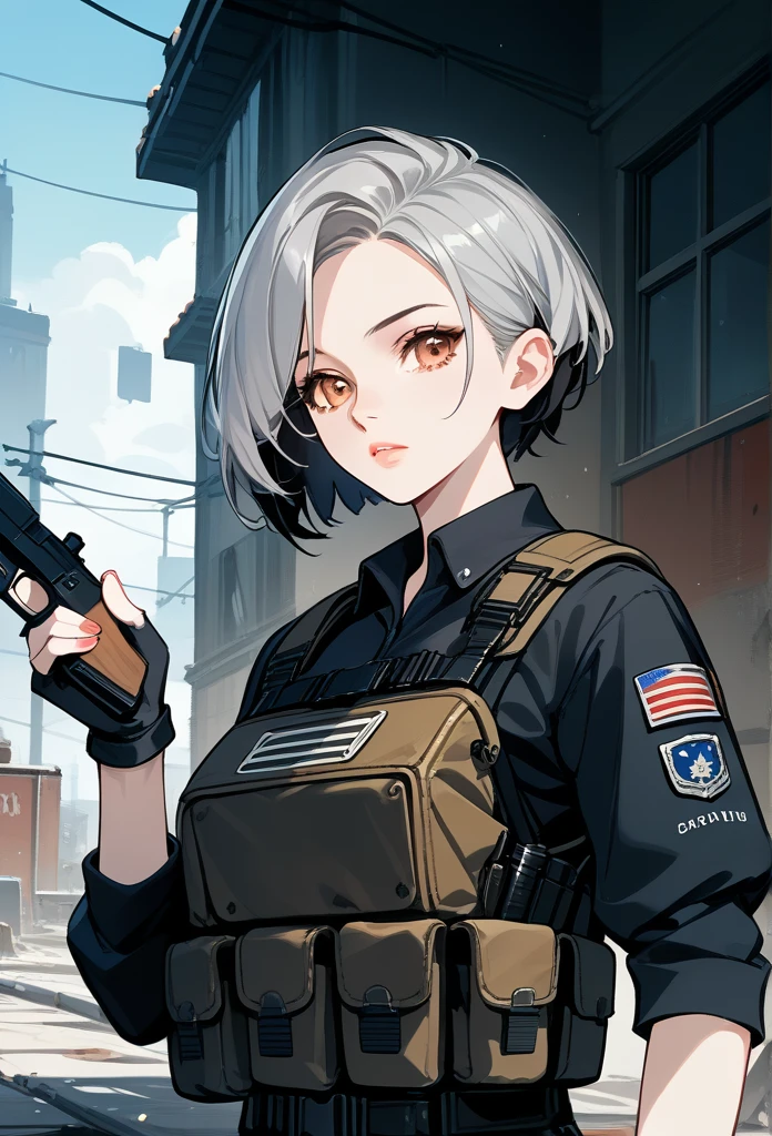 masterpiece, best quality, mature woman, short hair, (buzzcut hair), gray hair, sharp eyes, amber eyes, glossy lips, mature face, sharp expression, focused expression, operative clothing, bulletproof vest, tactical vest, fingerless gloves, holding pistol, abandoned building