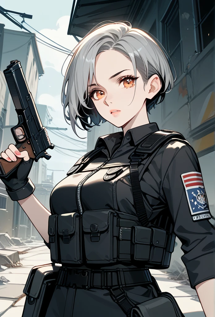 masterpiece, best quality, mature woman, short hair, (buzzcut hair), gray hair, sharp eyes, amber eyes, glossy lips, mature face, sharp expression, focused expression, operative clothing, bulletproof vest, tactical vest, fingerless gloves, holding pistol, abandoned building