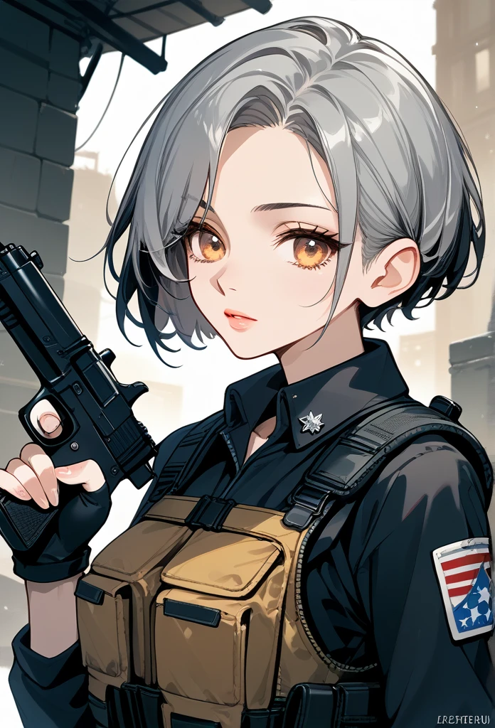 masterpiece, best quality, mature woman, short hair, (buzzcut hair), gray hair, sly eyes, amber eyes, glossy lips, mature face, sharp expression, focused expression, operative clothing, bulletproof vest, tactical vest, fingerless gloves, holding pistol, abandoned building