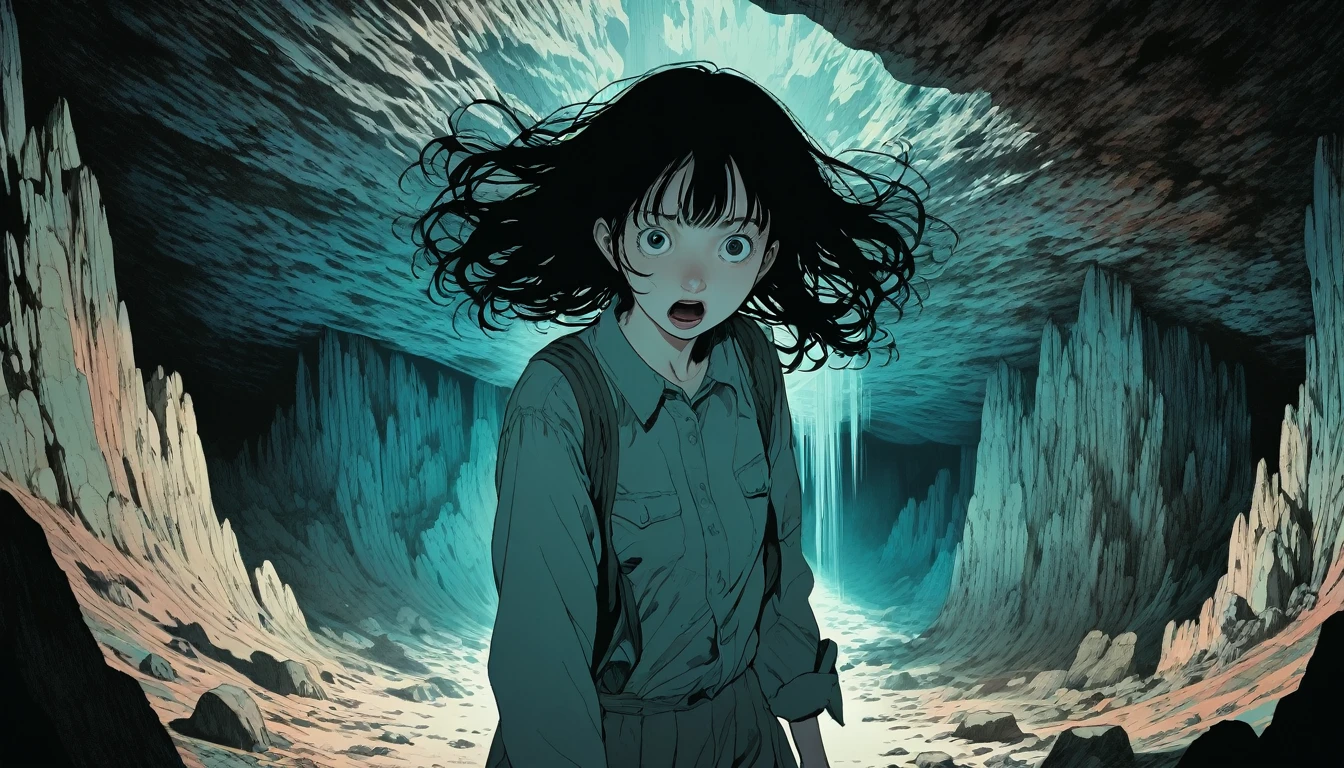 illust、art、directed by Junji Ito、Overaction、Overreaction、Acting shocked、high detail, realsitic shadow、Analog style, chromatic aberration, surrealism, on a cave