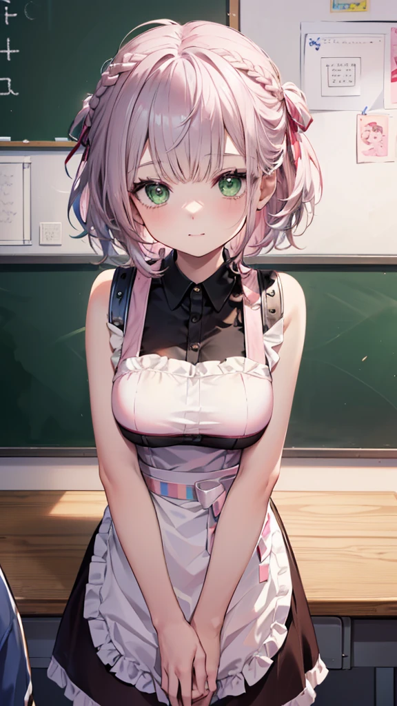 (best quality:1.2), (ultra detailed:1.2),(masterpiece:1.2),(8k:1.2),(Blessed,Captivating body、Ultra detailed hands、Ultra-detailed eyes、Ultra-detailed skin、ultra-detailed face,Detailed Background),One Girl、(kindergarten teacher, pink apron, kindergarten:1.5),large breasts,(in the kids room:1.2), children’s toy, in the daytime,gentle smile, ccnoel, short hair, french braid, hair ribbon, green eyes、(Patting the head of a boy around 4 years old:1.6)