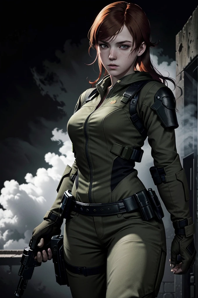 (masterpiece, best quality), solo, red hair, realistic, long hair, 1girl, black background, green eyes, upper body, lips, parted lips, simple background, dark, combat suit, pistol
