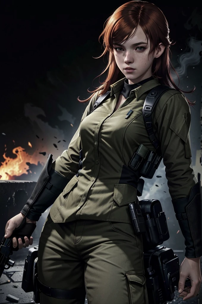 (masterpiece, best quality), solo, red hair, realistic, long hair, 1girl, black background, green eyes, upper body, lips, parted lips, simple background, dark, combat suit, pistol
