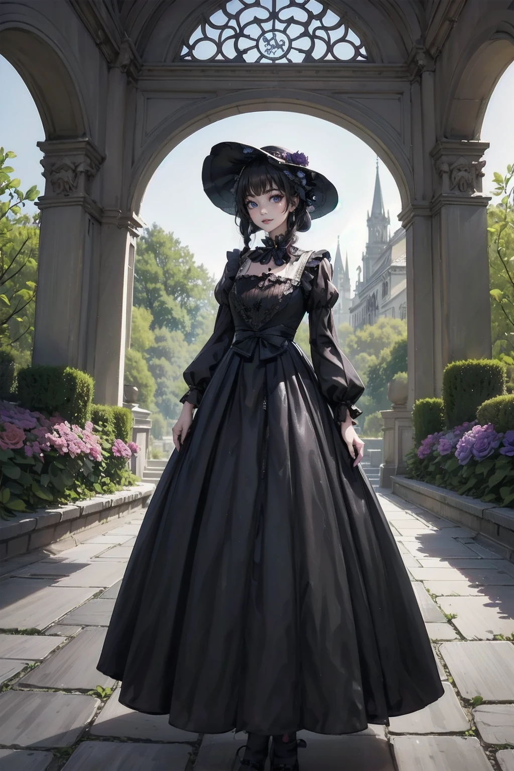 ネオゴススタイルのgirl, Wearing a black dress and a white collar, Wearing a black hat、wearing heavy makeup, Standing in a mystical garden surrounded by vines. The garden is full of deep purple flowers.、Gothic architecture in the background。. girl&#39;My hair is black、Her hair is in long braids.、A red rose is pinned to the side。. Her eyes are sharp、It&#39;Like being stabbed., Thick black eyeliner and long lashes. She has a pale complexion.、Her lips are bright red.. The atmosphere is gloomy and eerie, with dim lighting casting long shadows. This piece combines digital illustration and photography.., the result、The result is an incredibly high-resolution image. Most of the colors are dark、I&#39;Calm, Deep reds and purples create a dark beauty.. The overall style of the image is neo-Gothic., Horror, Portrait Photography, Create a unique and compelling visual experience.Dark Imagery