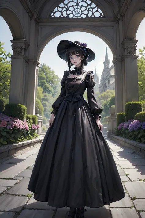ネオゴススタイルのgirl, Wearing a black dress and a white collar, Wearing a black hat、wearing heavy makeup, Standing in a mystical garden...