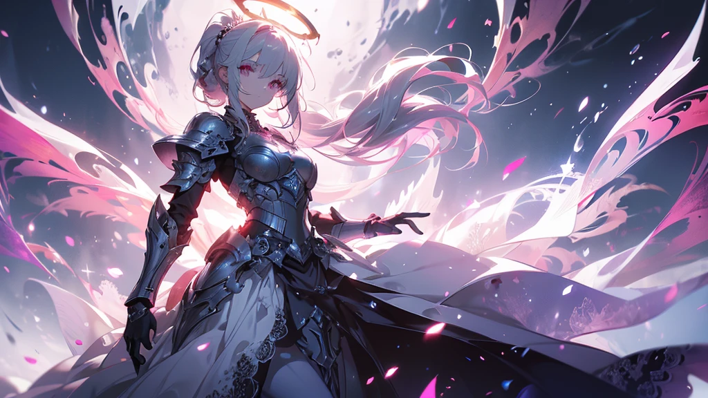 ((masterpiece, best quality)), Epic battlefield atmosphere，Delicate face，knight，Pure White Bride Armor，Halo，whole body，Standing picture，Perfect body proportions，Double ponytail hair，Nice pink eyes，Fantasy style，White background，transparent，Lace