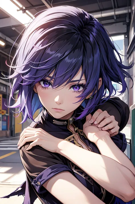 1girl, purple hair, short hair, purple eyes, young 20 years, torn clothes, sad, crying, male, dynamic pose, solo