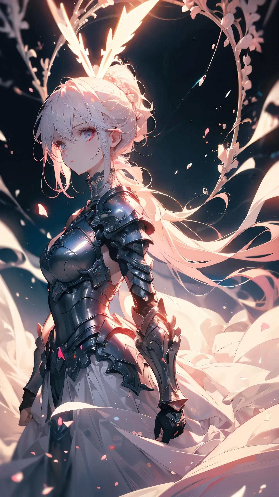 ((masterpiece, best quality)), Epic battlefield atmosphere，Delicate face，knight，Pure White Bride Armor，Halo，whole body，Standing picture，Perfect body proportions，Double ponytail hair，Nice pink eyes，Fantasy style，White background，transparent，Lace