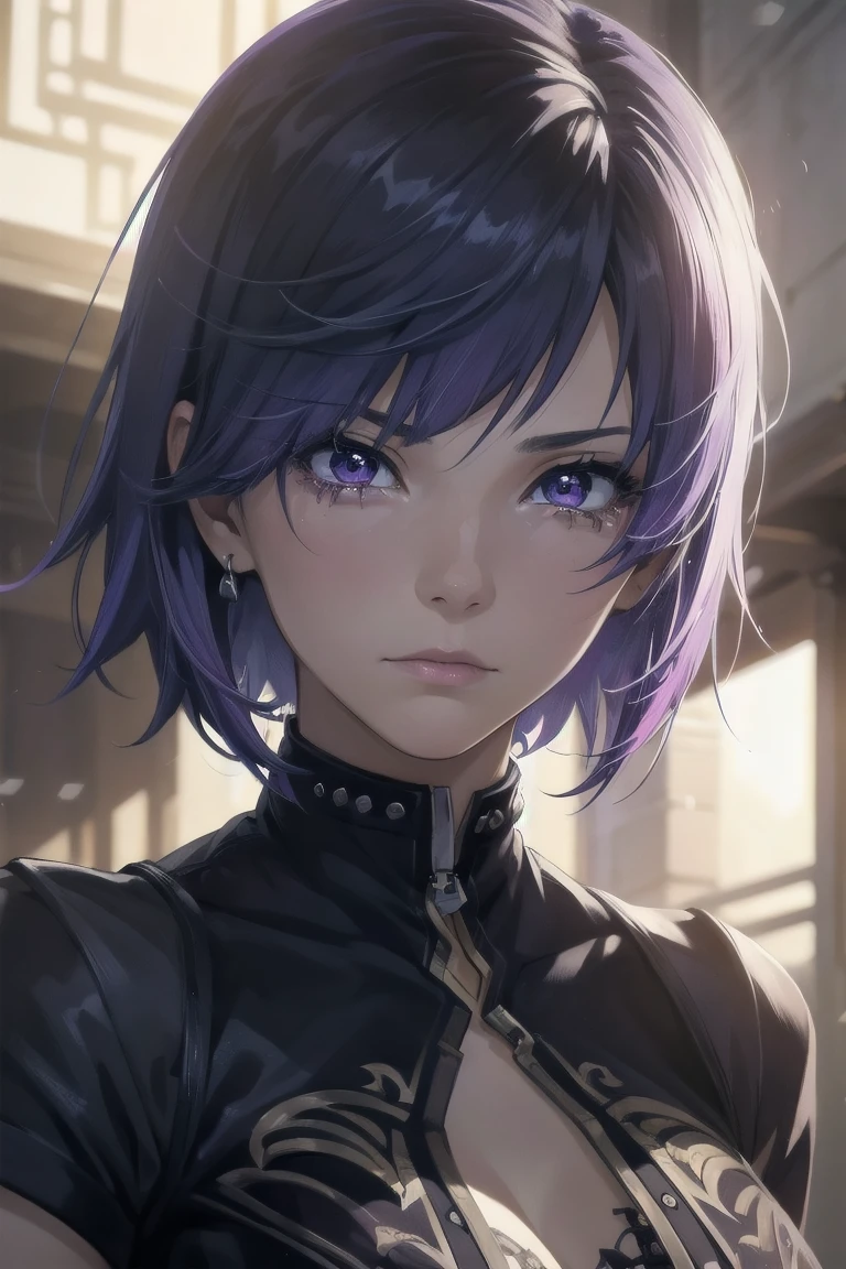 1girl, purple hair, short hair, purple eyes, young 20 years, torn clothes, sad, crying, female focus, dynamic pose, solo, highly detailed, cinematic lighting, photorealistic, 8k, award winning, dramatic, emotional, masterpiece