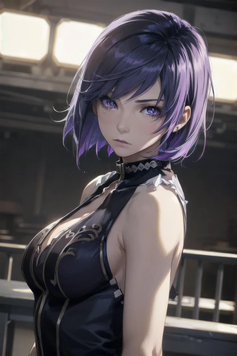 1girl, purple hair, short hair, purple eyes, young 20 years, torn clothes, sad, crying, female focus, dynamic pose, solo, highly detailed, cinematic lighting, photorealistic, 8k, award winning, dramatic, emotional, masterpiece