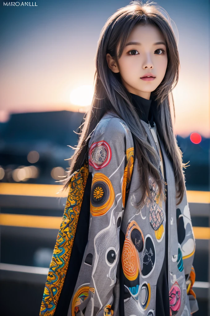 masterpiece, high quality, high resolution, 8k, (alone:1.2), ((1 woman)), japanese girl, detailed face, detailed eyes, correct body structure, upper body, ((gray hair:1.2)), very long hair, messy hair, slim body, Seductive silhouette, shining bones, depth of field, dark photo at night, dimly lit, forehead, movie lights, Tyndall effect, abstract background, futuristic clothing, vivid colors, modern style, wide sleeves, artistic, unique pattern, fancy, Refined, Trend