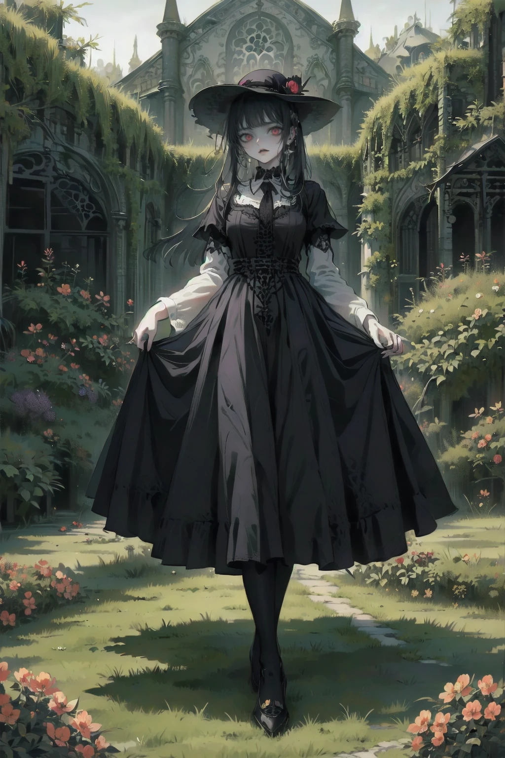 ネオゴススタイルのgirl, Wearing a black dress and a white collar, Wearing a black hat、wearing heavy makeup, Standing in a mystical garden surrounded by vines. The garden is full of deep purple flowers.、Gothic architecture in the background。. girl&#39;The hair is golden、、A red rose is pinned to the side。. Her eyes are sharp、It&#39;Like being stabbed., Thick black eyeliner and long lashes. She has a pale complexion.、Her lips are bright red.. The atmosphere is gloomy and eerie, with dim lighting casting long shadows. This piece combines digital illustration and photography.., the result、The result is an incredibly high-resolution image. Most of the colors are dark、I&#39;Calm, Deep reds and purples create a dark beauty.. The style is neo-gothic., Horror, Portrait Photography, Create a unique and compelling visual experience.Dark Imagery