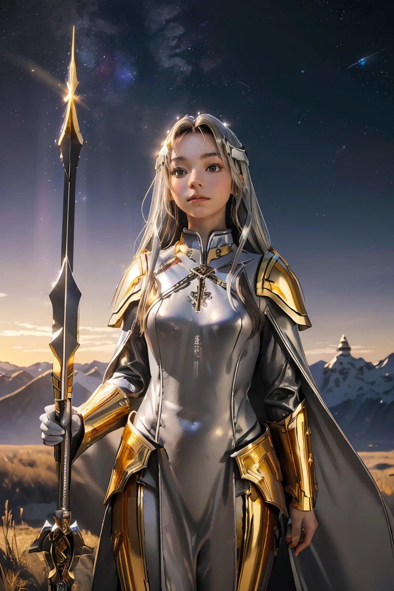 ((masterpiece, best quality, extremely detailed), volumetric lighting, ambient occlusion, colorful, glowing), 1girl, solo, young girl, (dark hair), long hair, halo, aura, sacred, goddess, cleric suit, (silver outfit with gold detailst:1.3), armor, outdoors, sunset, sky, clouds, space, (fantasy theme:1.2),