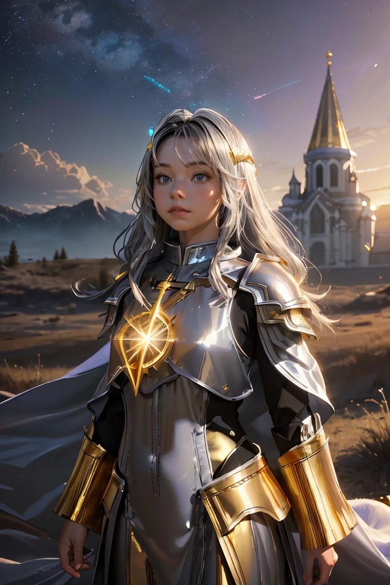 ((masterpiece, best quality, extremely detailed), volumetric lighting, ambient occlusion, colorful, glowing), 1girl, solo, young girl, (dark hair), long hair, halo, aura, sacred, goddess, cleric suit, (silver outfit with gold detailst:1.3), armor, outdoors, sunset, sky, clouds, space, (fantasy theme:1.2),