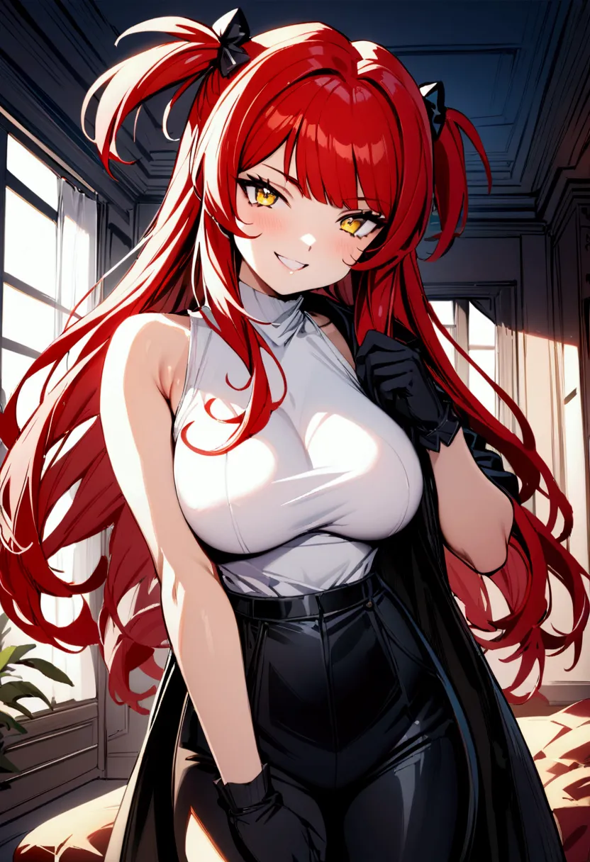 masterpiece, best quality 1girl, solo, beautiful woman, messy bangs, red hair, long hair, hair two side up by black bows , yello...