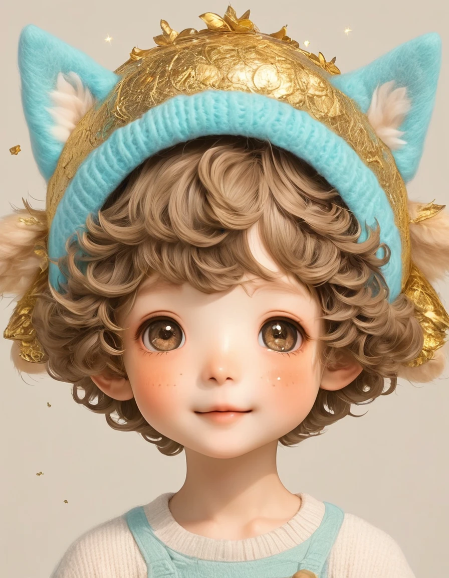 (masterpiece, best quality:1.2), 1 boy, with dog hat, Solitary, hairy，Wool Curls，Gold Theme, longeyelashes, solid circle eyes, light smile, ccurate, eye reflection, aqua eyes, blush, laughing, brown hair, dog ears, short hair, Surrealism, drop shadow, stereogram, tachi-e, pov, blind box toy style, 8k, super detail, best quality