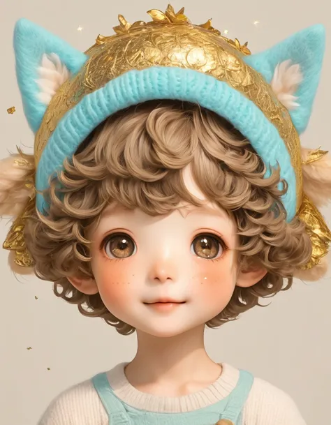 (masterpiece, best quality:1.2), 1 boy, with dog hat, Solitary, hairy，Wool Curls，Gold Theme, longeyelashes, solid circle eyes, l...