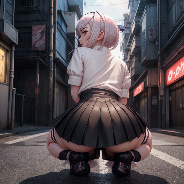 Anime girl in a short skirt kneeling in the street, Beautiful anime girl crouching, Anime girl crouching, a Surreal , Surreal , , Enchanting anime girl, thick, Gwaiz, Ilya Kuvshinov. 4k yen, Lit from behind, anime style 4k yen