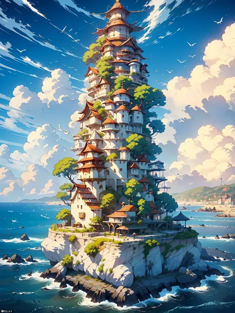 a fantasy-inspired painting of a coastal village in kawacy style, rendered in cinema4d, bulbous, precise nautical details, creat...