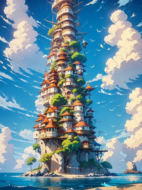 a fantasy-inspired painting of a coastal village in kawacy style, rendered in cinema4d, bulbous, precise nautical details, creat...