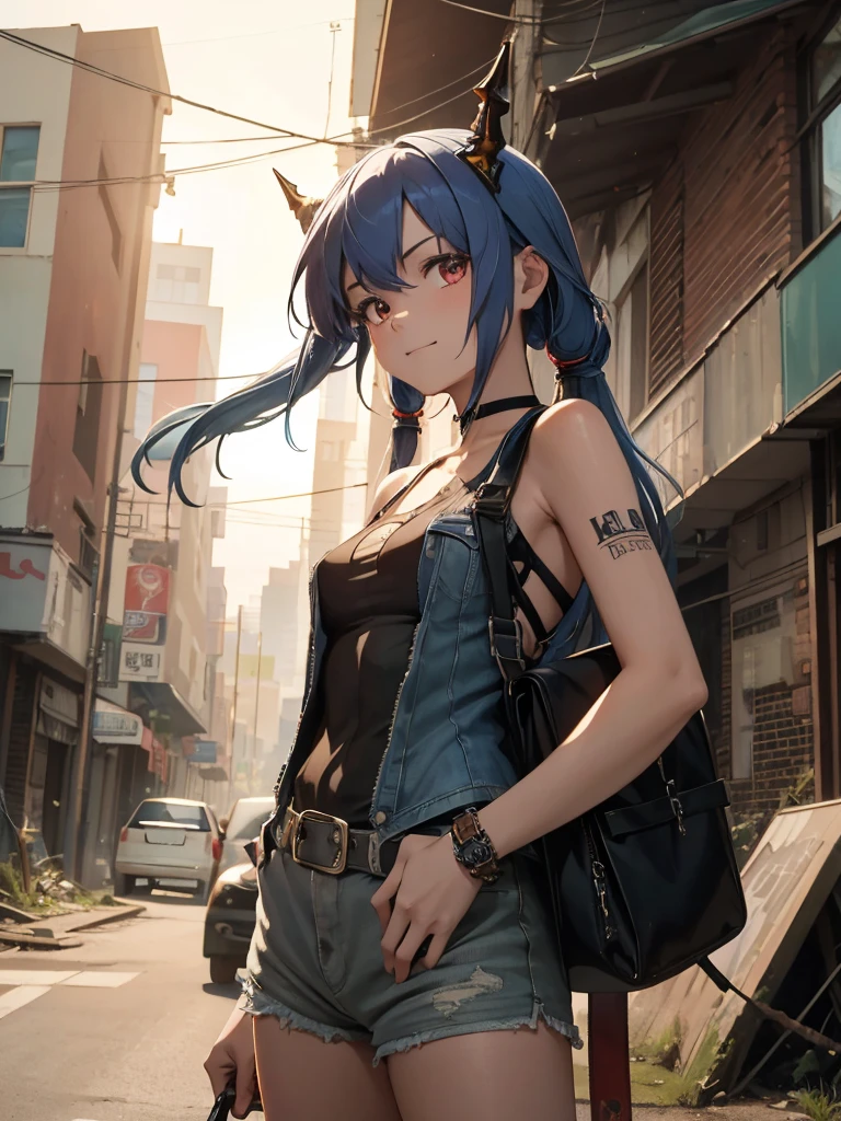 masterpiece, Best quality,1 girl, (watercolor painting):1.2,pencil sketch,break, long hair,blue hair,Red eyes,break White tank top,denim shorts, fingerless gloves, Work boots,hip-hop, Punk look, chain, dark brown leather jacket,inexpressive,small smile,break photorealistic image of a young girl, Chen, rides his vintage black 1970s style motorcycle through the ruins of an abandoned city at dusk. The scene captures her in a cowboy shot, driving intently through the decaying urban landscape. The ruins are filled with destroyed buildings., overgrown vegetation, and scatteКрасный debris, creating a sharp contrast with a magical glow, coming from her motorcycle.. Chen is in side profile, focused on my path, ее длинные blue hair струятся позади нее. The background conveys a sense of devastation and mystery., improvement of the post-apocalyptic fantasy setting.breakmasterpiece, Best quality, Ultra detailed, a high resolution,4K,(ultra detailed:1.4), newest,breakduch angle,cowboy shot,