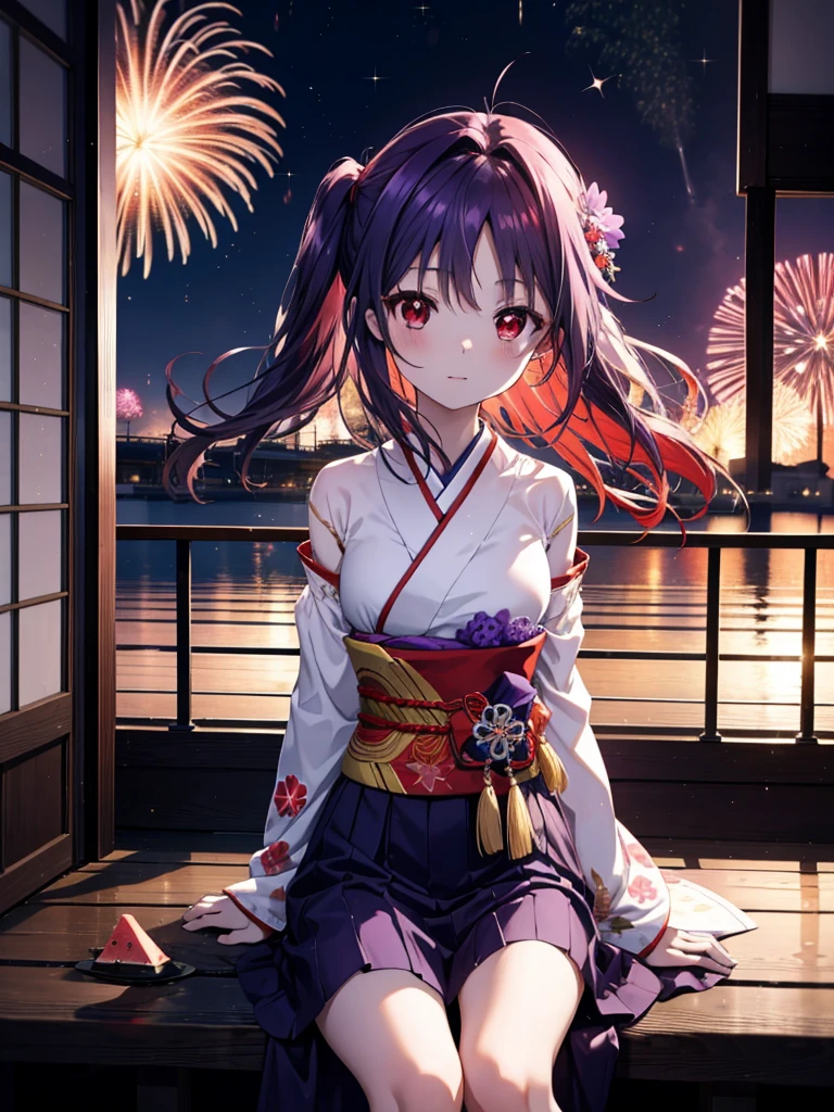 yuukikonno, Yuuki Konno, banda para el cabello, pelo largo, orejas puntiagudas, cabello morado, ahogo,(ojos rojos:1.5), (senos pequeños:1.2),cola gemela baja,sonrisa,rubor,Abre la boca,kimono morado,falda larga morada,fuegos artificiales in the night sky,fuegos artificiales,El lugar es un espectáculo de fuegos artificiales.,el tiempo es noche,Día soleado,sentado en un banco,Un trozo triangular de sandía roja se coloca en un plato sobre un banco.,campanas de viento,todo el cuerpoがイラストに入るよう,
BREAK mirando al espectador, , todo el cuerpo, (tiro de vaquero:1. 5)
Descansar en el interior, Veranda,Jardín japonés,
break (obra maestra:1.2), de la máxima calidad, alta resolución, Fondo de pantalla de unidad 8k, (cifra:0.8), (Hermosa atención al detalle.:1.6), rostro muy detallado, iluminación perfecta, Altamente detallado CG, (Manos perfectas, anatomía perfecta),