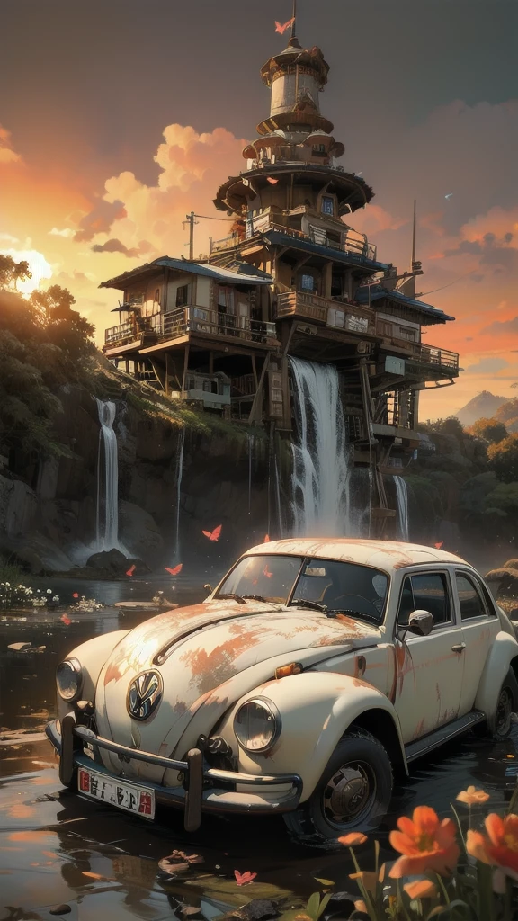 (((masterpiece、Highest quality)))、(((32K Wallpaper)))、Detailed Machinery、ruins、stage、(((White Flower Field)))、(((Rusty Volkswagen))、Gorgeous light leaks、(((Backlight)))、Detailed Background、Highest quality、(((No humans)))、Collapsed heavy machinery、Complex heavy machinery、Pale lighting、(((Very dull color))))、(((詳細なRusty Volkswagen)))、(((Many white flowers are falling)))、(((Rusty Volkswagenから花が生えている)))、(((Lots of butterflies)))、(((ruinsとなった格納庫)))、(((Submersion)))、((((Bright Red Sunset)))、(((Detailed waterfall and water)))、(((Volkswagen close-up))