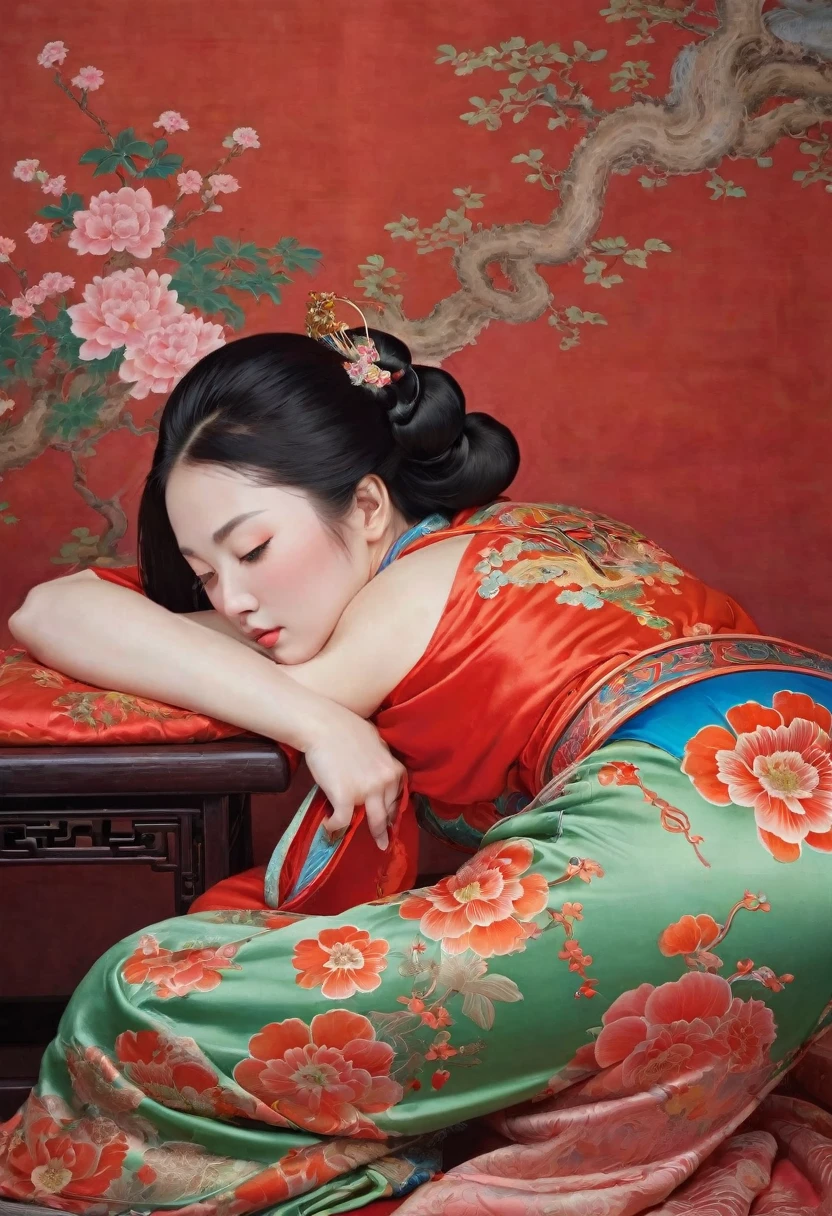 A side view of a Chinese empress, seen from close up on her buttocks. The background is a room in a Chinese palace during the Qing dynasty. She is sleeping in red Hanfu, with only her large buttocks sticking out. She is either wearing underwear or not, and her protruding buttocks are floating up.　　　　　　　　　　　　　　　　　　　　　　　　　　　　　　 Her hair is decorated with a large, flashy flower.　 The back of the hair is tied up and up.　Erotic Woman