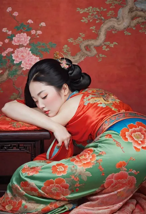 A side view of a Chinese empress, seen from close up on her buttocks. The background is a room in a Chinese palace during the Qi...