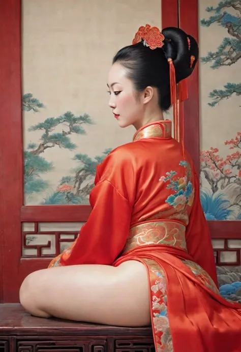 A side view of a Chinese empress, seen from close up on her buttocks. The background is a room in a Chinese palace during the Qi...