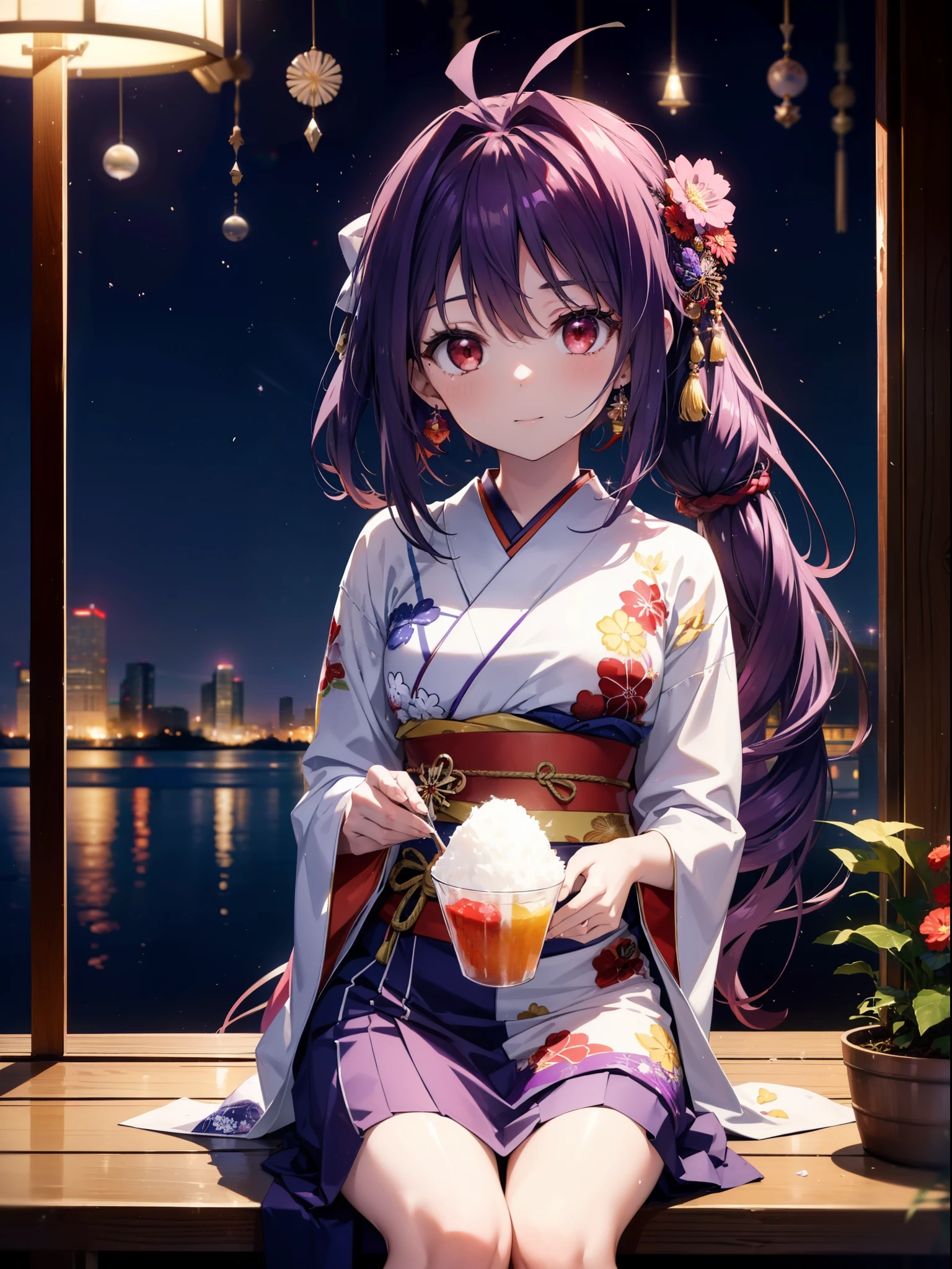 yuukikonno, Yuuki Konno, banda para el cabello, pelo largo, orejas puntiagudas, cabello morado, ahogo,(ojos rojos:1.5), (senos pequeños:1.2),cola gemela baja,sonrisa,rubor,Abre la boca,kimono morado,falda larga morada,fuegos artificiales in the night sky,fuegos artificiales,El lugar es un espectáculo de fuegos artificiales.,el tiempo es noche,Día soleado,sentado en un banco,Hay hielo raspado en el banco.,campanas de viento,todo el cuerpoがイラストに入るよう,
BREAK mirando al espectador, , todo el cuerpo, (tiro de vaquero:1. 5)
Descansar en el interior, Veranda,Jardín japonés,
break (obra maestra:1.2), de la máxima calidad, alta resolución, Fondo de pantalla de unidad 8k, (cifra:0.8), (Hermosa atención al detalle.:1.6), rostro muy detallado, iluminación perfecta, Altamente detallado CG, (Manos perfectas, anatomía perfecta),