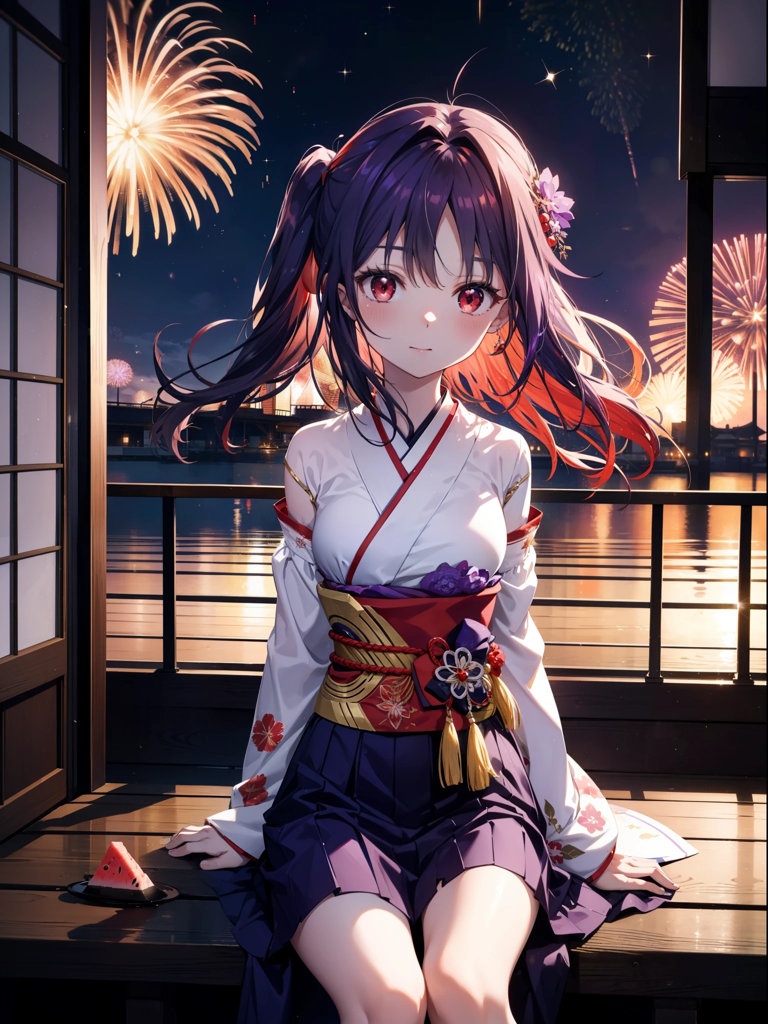 yuukikonno, Yuuki Konno, banda para el cabello, pelo largo, orejas puntiagudas, cabello morado, ahogo,(ojos rojos:1.5), (senos pequeños:1.2),cola gemela baja,sonrisa,rubor,Abre la boca,kimono morado,falda larga morada,fuegos artificiales in the night sky,fuegos artificiales,El lugar es un espectáculo de fuegos artificiales.,el tiempo es noche,Día soleado,sentado en un banco,Un trozo triangular de sandía roja se coloca en un plato sobre un banco.,campanas de viento,todo el cuerpoがイラストに入るよう,
BREAK mirando al espectador, , todo el cuerpo, (tiro de vaquero:1. 5)
Descansar en el interior, Veranda,Jardín japonés,
break (obra maestra:1.2), de la máxima calidad, alta resolución, Fondo de pantalla de unidad 8k, (cifra:0.8), (Hermosa atención al detalle.:1.6), rostro muy detallado, iluminación perfecta, Altamente detallado CG, (Manos perfectas, anatomía perfecta),