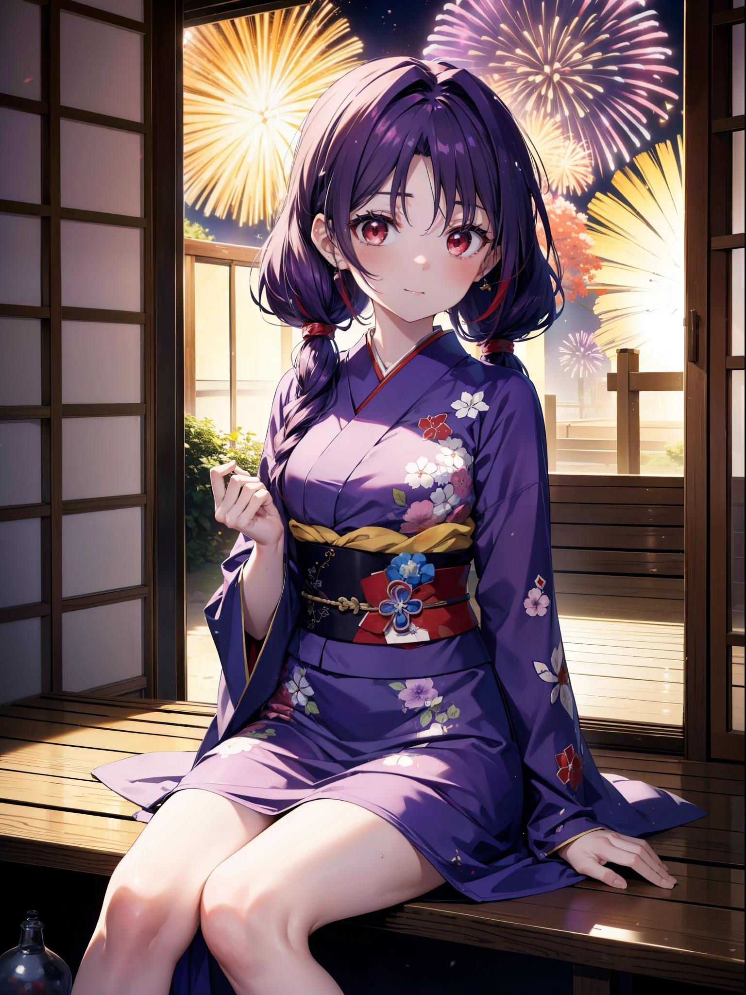 yuukikonno, Yuuki Konno, hair band, Long Hair, Pointed Ears, Purple Hair, Ahoge,(Red eyes:1.5), (Small breasts:1.2),low twin tail,smile,blush,Open your mouth,Purple Kimono,Purple long skirt,Fireworks in the night sky,Fireworks,The place is a fireworks display,Time is night,sunny day,Sitting on a bench,There is shaved ice on the bench,Wind Chimes,whole bodyがイラストに入るよう,
break looking at viewer, , whole body, (Cowboy Shot:1. 5)
break indoors, Veranda,Japanese garden,
break (masterpiece:1.2), Highest quality, High resolution, unity 8k wallpaper, (figure:0.8), (Beautiful attention to detail:1.6), Highly detailed face, Perfect lighting, Highly detailed CG, (Perfect hands, Perfect Anatomy),