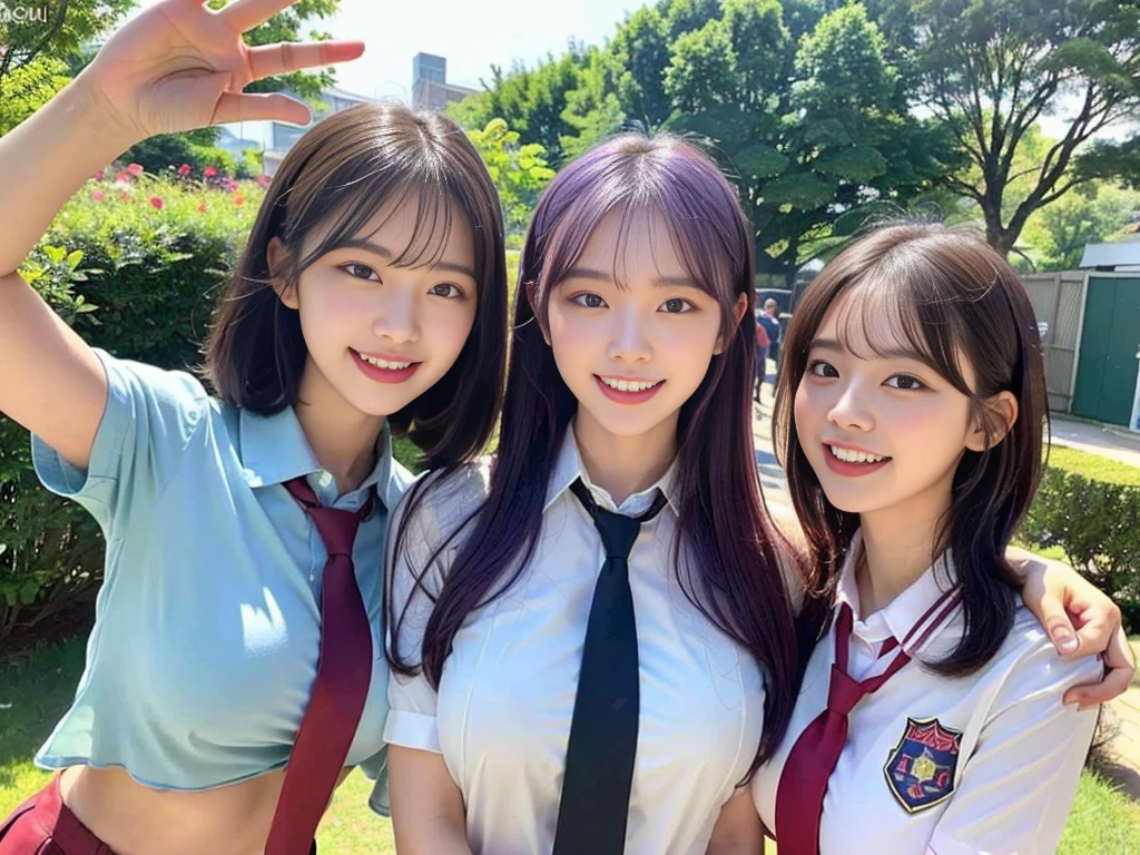 (Super cute Korean schoolgirl takes a commemorative photo with her beautiful best friend:1.2)(laughing:1.2)(Beautiful Sweat:1.1)(16K, RAW Photos, Highest quality, masterpiece: 1.2),(Her shiny, beautiful black bob hair sways softly in the wind.:1.1) Super detailed, Super Resolution, (Genuine, Genuine photos: 1.37), Portraiture, High-resolution RAW color photos, Professional photos, Very detailed, 8k wallpaper, Very detailed CG Unity 8k wallpaper, Very detailed beautiful girls, Very detailed faces, ((whole body)), beautiful woman, Huge breasts,(huge boobs:1.1) (Big Boobs:1.1), beautiful  (Cute school uniforms,School-designated summer short-sleeved shirt＆Red tie and shirt uniform),high school girl, Korean Girls,(K-POP Female Idols), (Idol-class beauty)(Beautiful high school girl:1.1)(A barbecue party held in the garden on a sunny day)((15 years old)(Date:1.2)(Group photo:1.2)Headband(NSFW:1.2)(Only one person has beautiful purple hair:1.1)(trio))(Tattoo:1.2)