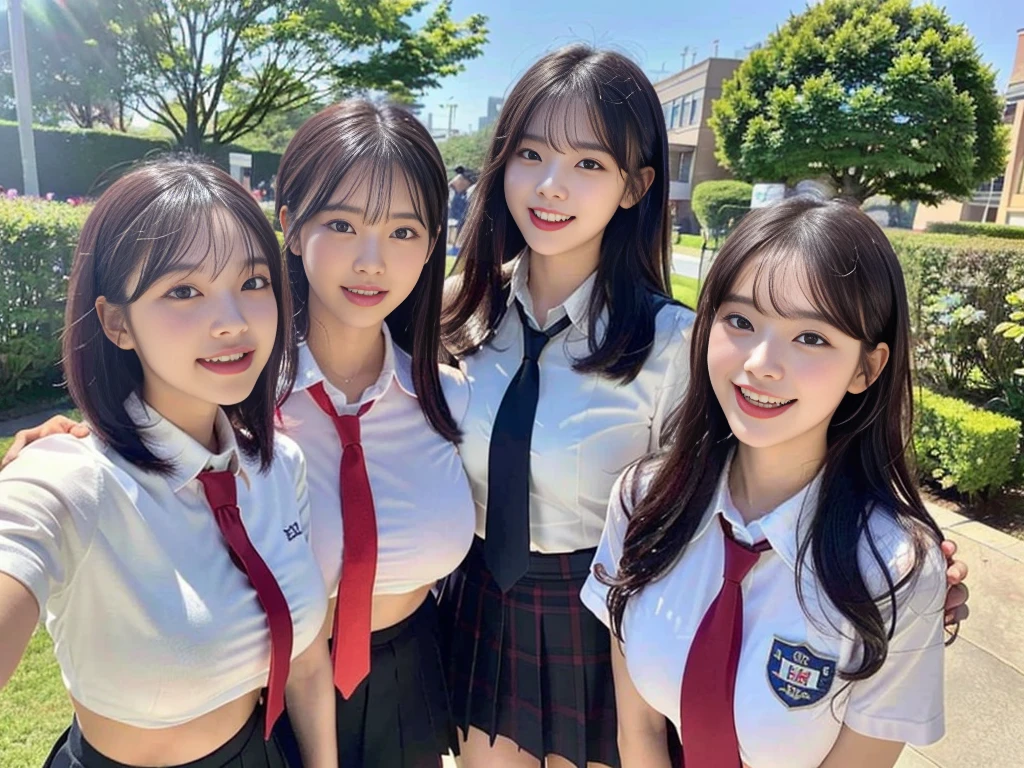 (Super cute Korean schoolgirl takes a commemorative photo with her beautiful best friend:1.2)(laughing:1.2)(Beautiful Sweat:1.1)(16K, RAW Photos, Highest quality, masterpiece: 1.2),(Her shiny, beautiful black bob hair sways softly in the wind.:1.1) Super detailed, Super Resolution, (Genuine, Genuine photos: 1.37), Portraiture, High-resolution RAW color photos, Professional photos, Very detailed, 8k wallpaper, Very detailed CG Unity 8k wallpaper, Very detailed beautiful girls, Very detailed faces, ((whole body)), beautiful woman, Huge breasts,(huge boobs:1.1) (Big Boobs:1.1), beautiful  (Cute school uniforms,School-designated summer short-sleeved shirt＆Red tie and shirt uniform),high school girl, Korean Girls,(K-POP Female Idols), (Idol-class beauty)(Beautiful high school girl:1.1)(A barbecue party held in the garden on a sunny day)((15 years old)(Date:1.2)(Group photo:1.2)Headband(NSFW:1.2)(Only one person has beautiful purple hair:1.1)(trio))(Tattoo:1.2)