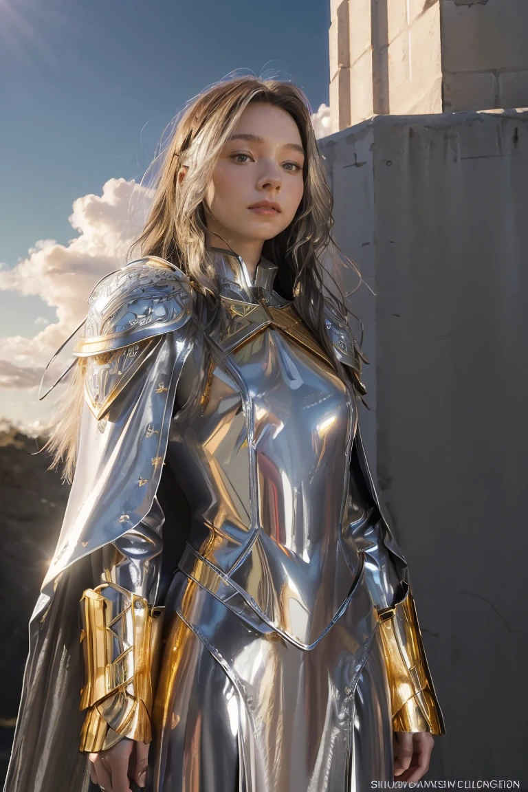 ((masterpiece, best quality, extremely detailed), volumetric lighting, ambient occlusion, colorful, glowing), 1girl, solo, young girl, (dark hair), long hair, halo, aura, sacred, goddess, cleric suit, (silver outfit with gold detailst:1.3), armor, outdoors, sunset, sky, clouds, space, (fantasy theme:1.2),