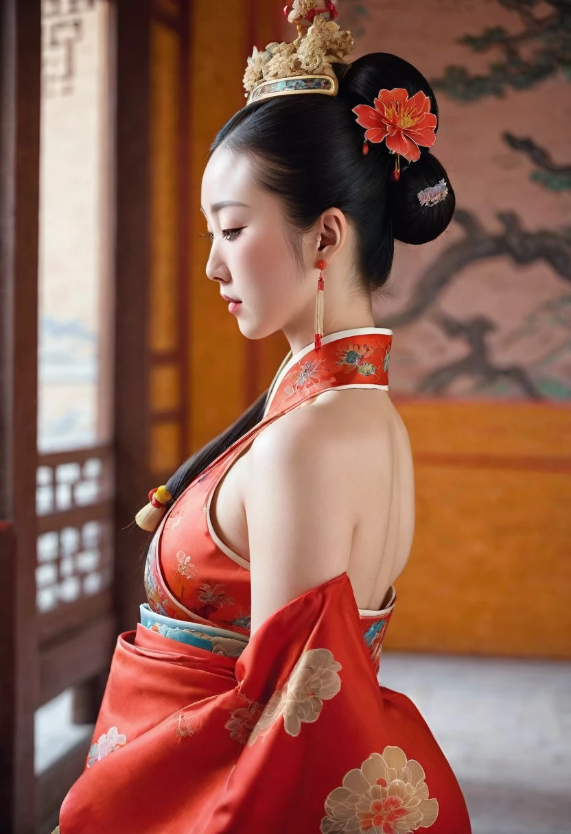 A side view of a Chinese empress, seen from close up on her buttocks. The background is a room in a Chinese palace during the Qing dynasty. She is sleeping in red Hanfu, with only her large buttocks sticking out. She is either wearing underwear or not, and her protruding buttocks are floating up.　　　　　　　　　　　　　　　　　　　　　　　　　　　　　　 Her hair is decorated with a large, flashy flower.　 The back of the hair is tied up and up.　Erotic Woman