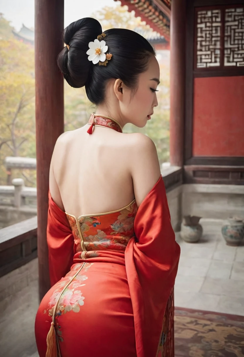 A side view of a Chinese empress, seen from close up on her buttocks. The background is a room in a Chinese palace during the Qing dynasty. She is sleeping in red Hanfu, with only her large buttocks sticking out. She is either wearing underwear or not, and her protruding buttocks are floating up.　　　　　　　　　　　　　　　　　　　　　　　　　　　　　　 Her hair is decorated with a large, flashy flower.　 The back of the hair is tied up and up.　Erotic Woman