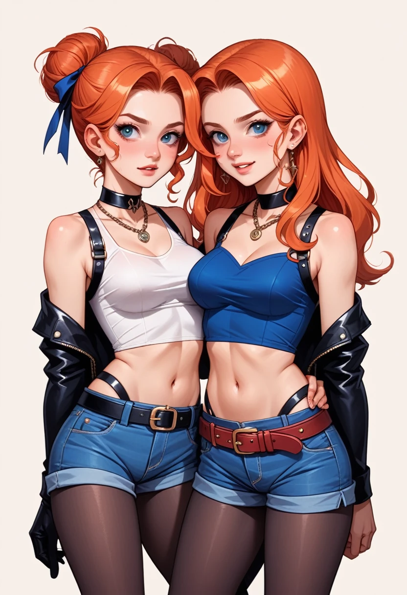 ,twins, Masterpiece,Best quality,offcial art,Extremely detailed Cg Unity 8K wallpaper, 2girls, cute female , Yuri, hair adornments, Short shorts, Crop top, Pantyhose, ribbon_choker necklace, leg belt, leather belt bondage harness, wrappend in belt together