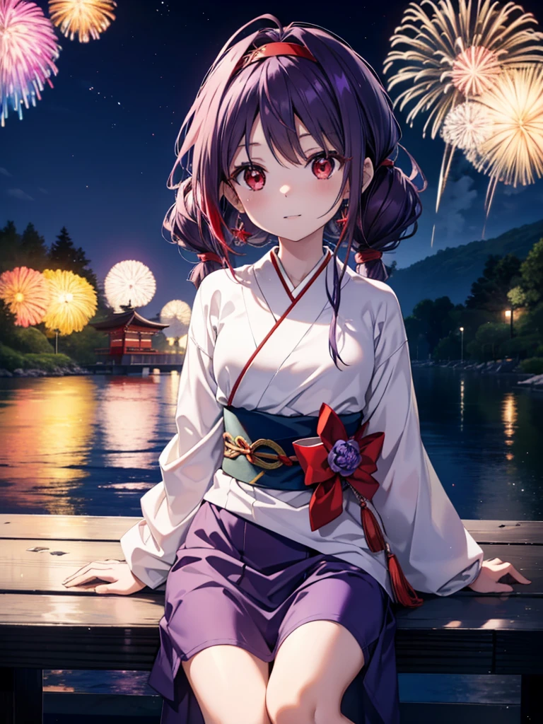 yuukikonno, Yuuki Konno, banda para el cabello, pelo largo, orejas puntiagudas, cabello morado, ahogo,(ojos rojos:1.5), (senos pequeños:1.2),cola gemela baja,sonrisa,rubor,Abre la boca,kimono morado,falda larga morada,fuegos artificiales in the night sky,fuegos artificiales,El lugar es un espectáculo de fuegos artificiales.,el tiempo es noche,Día soleado,sentado en un banco,Un trozo triangular de sandía roja se coloca en un plato sobre un banco.,campanas de viento,todo el cuerpoがイラストに入るよう,
BREAK mirando al espectador, , todo el cuerpo, (tiro de vaquero:1. 5)
Descansar en el interior, Veranda,Jardín japonés,
break (obra maestra:1.2), de la máxima calidad, alta resolución, Fondo de pantalla de unidad 8k, (cifra:0.8), (Hermosa atención al detalle.:1.6), rostro muy detallado, iluminación perfecta, Altamente detallado CG, (Manos perfectas, anatomía perfecta),