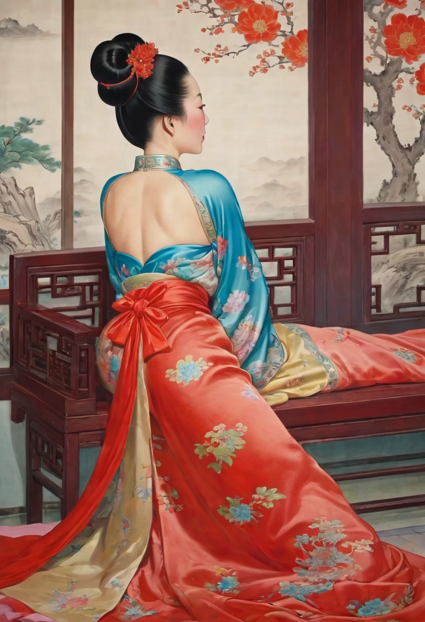 A side view of a Chinese empress, seen from close up on her buttocks. The background is a room in a Chinese palace during the Qing dynasty. She is sleeping in red Hanfu, with only her large buttocks sticking out. She is either wearing underwear or not, and her protruding buttocks are floating up.　　　　　　　　　　　　　　　　　　　　　　　　　　　　　　 Her hair is decorated with a large, flashy flower.　 The back of the hair is tied up and up.　Erotic Woman