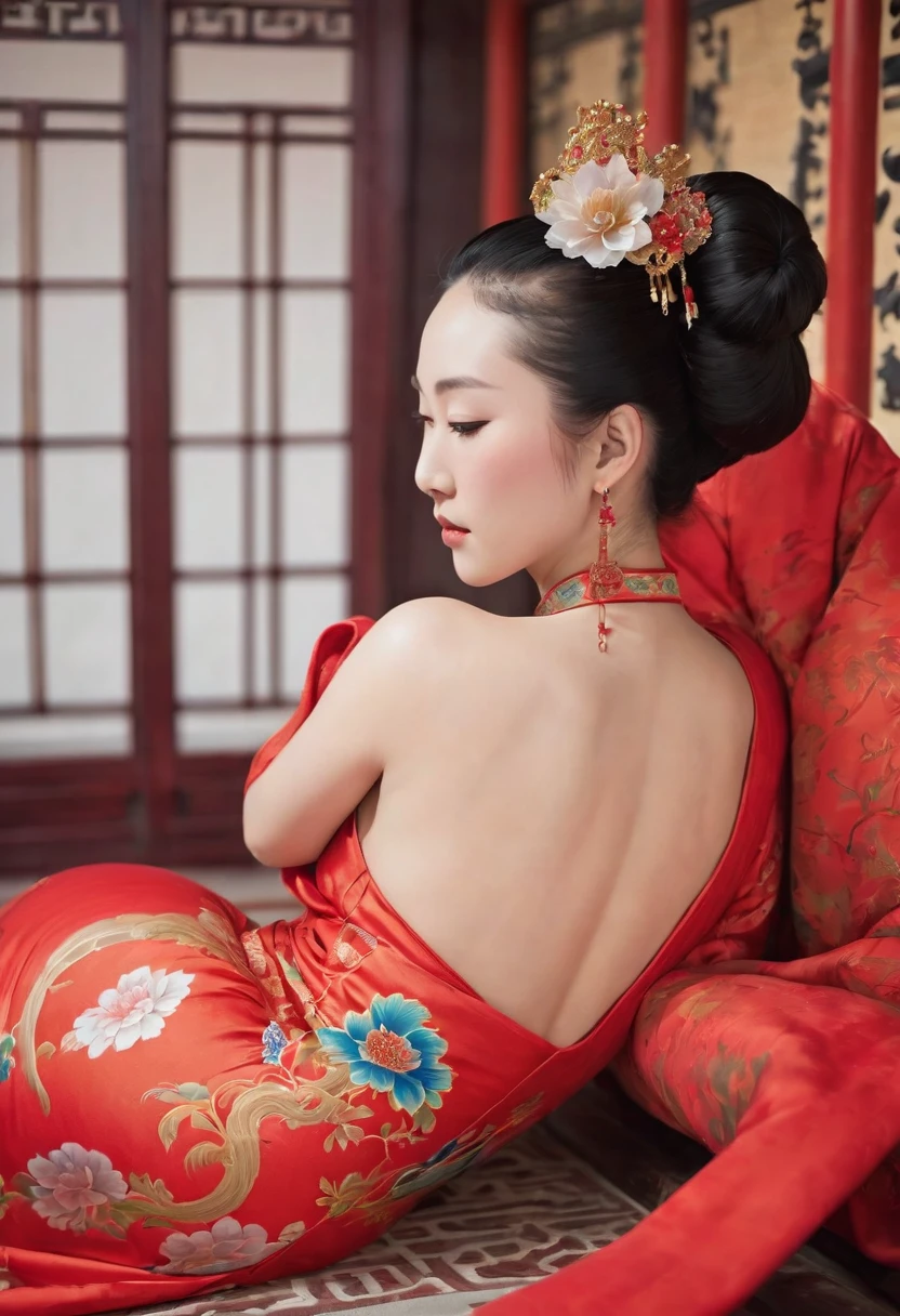 A side view of a Chinese empress, seen from close up on her buttocks. The background is a room in a Chinese palace during the Qing dynasty. She is sleeping in red Hanfu, with only her large buttocks sticking out. She is either wearing underwear or not, and her protruding buttocks are floating up.　　　　　　　　　　　　　　　　　　　　　　　　　　　　　　 Her hair is decorated with a large, flashy flower.　 The back of the hair is tied up and up.　Erotic Woman