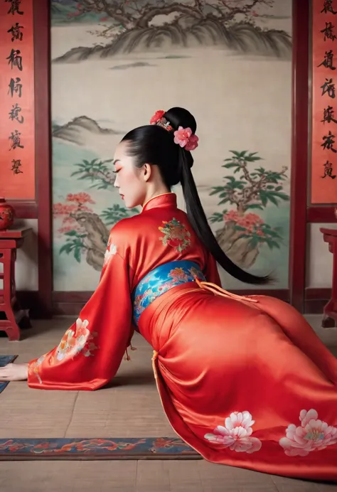 A side view of a Chinese empress, seen from close up on her buttocks. The background is a room in a Chinese palace during the Qi...