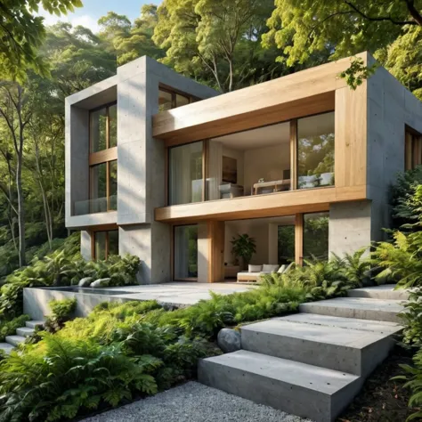 imagine exterior view at modern mansion with concrete and oak wood elements, surrounded by nature. embrace sleek, contemporary a...