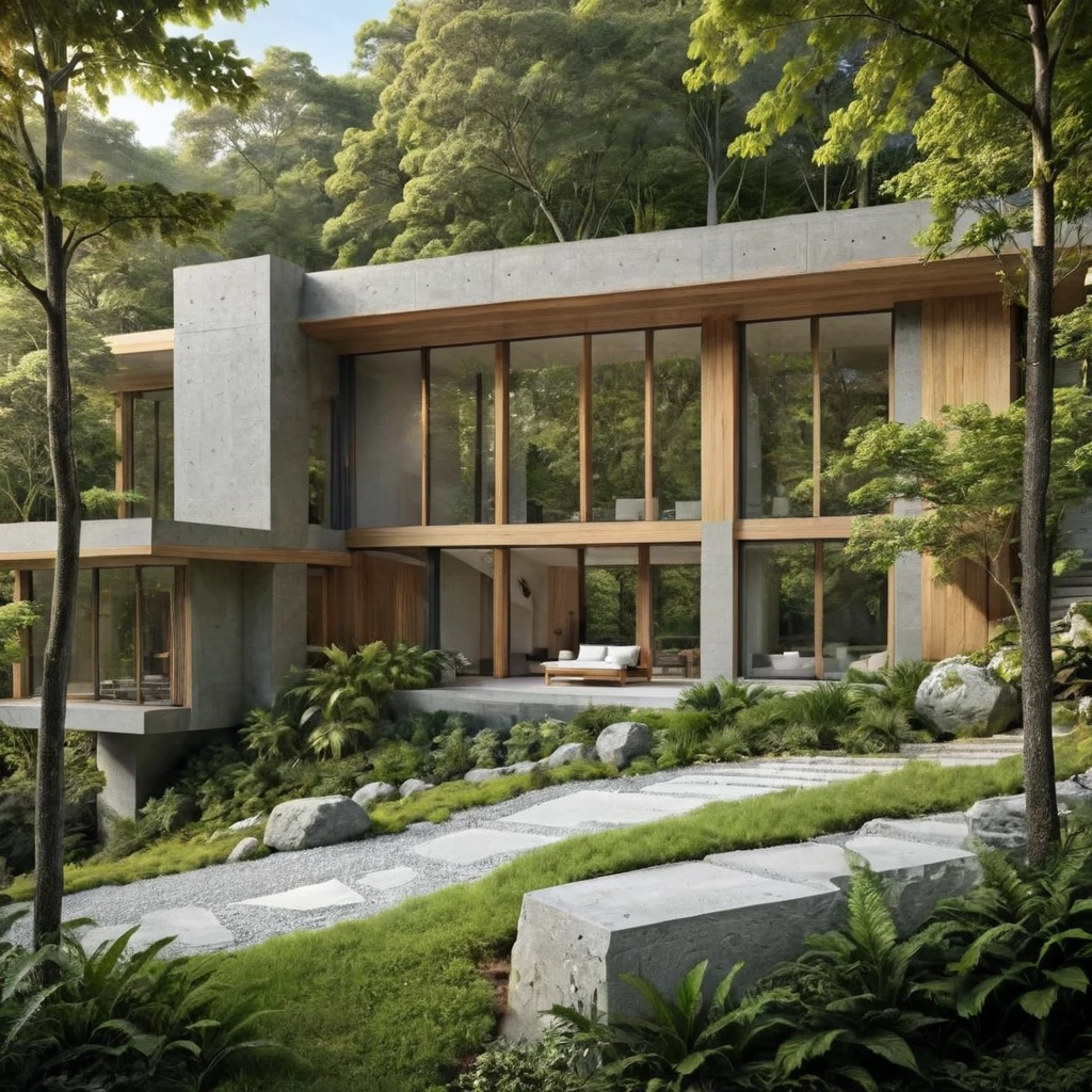 Imagine la vista exterior de una mansión moderna con elementos de hormigón y madera de roble., Rodeado de naturaleza. Abraza la elegancia, arquitectura contemporánea mientras se crea un interior acogedor con detalles en madera de roble. Maximizar la luz natural, Ventanas grandes, y vistas impresionantes. Describe un retiro lujoso y acogedor en armonía con el entorno natural..