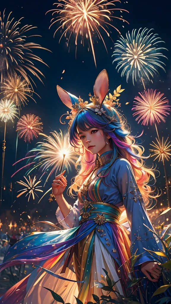 Rainbow colorsのウサギ、Rabbit、Parent and Rabbit、、白いRabbit、Surrounded by lots of Rabbitysterious Landscape、firework、firework大会、Rainbow colorsのfireworkが打ちあがっている瞬間、夜nullとともに、幻想的な海景色で壮大なfirework、future都市、Highest quality、masterpiece, (Diffuse reflection of light:1.2), When the fantastic rainbow turns into shadow, bathed in a mystical atmosphere.The rabbits are watching too, Cast magic spells. evoke a sense of wonder and awe. A fusion of natural grandeur and magic, Weaving dreams into reality. Behold, null, And the unknown, Fleeting、And an eternal moment, 16K, Ultra-high resolution.Realistic, Ultra-high resolution, to be born,future、Rainbow colorsに光り輝く、Rainbow colors、The world 30 years from now。